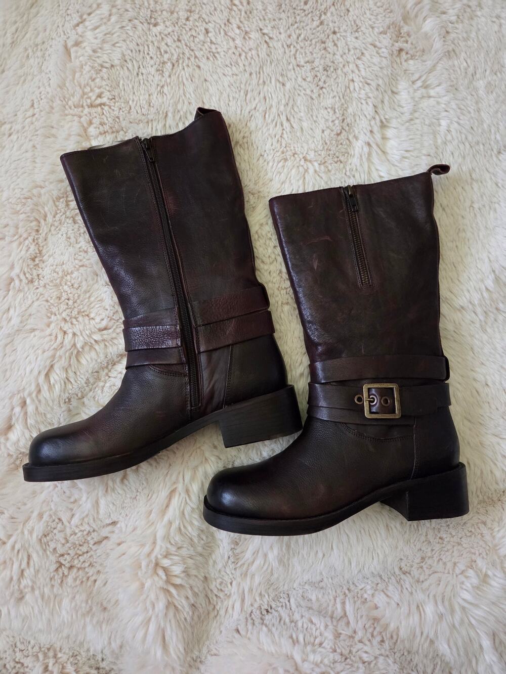 Vintage Foundry Co Leather Moto Western Mid Calf Brown Boot Womens 8 New